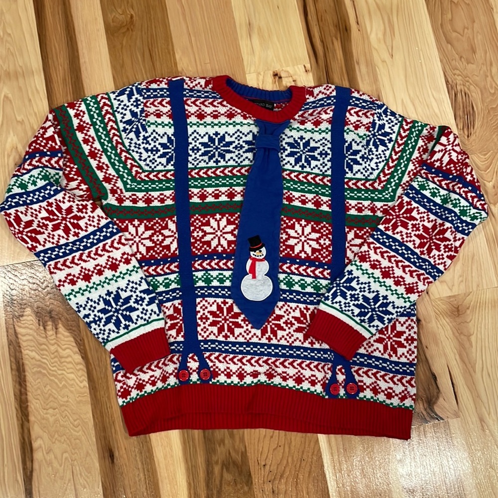 Ugly Christmas Sweater w/ Snowman Tie and Suspenders